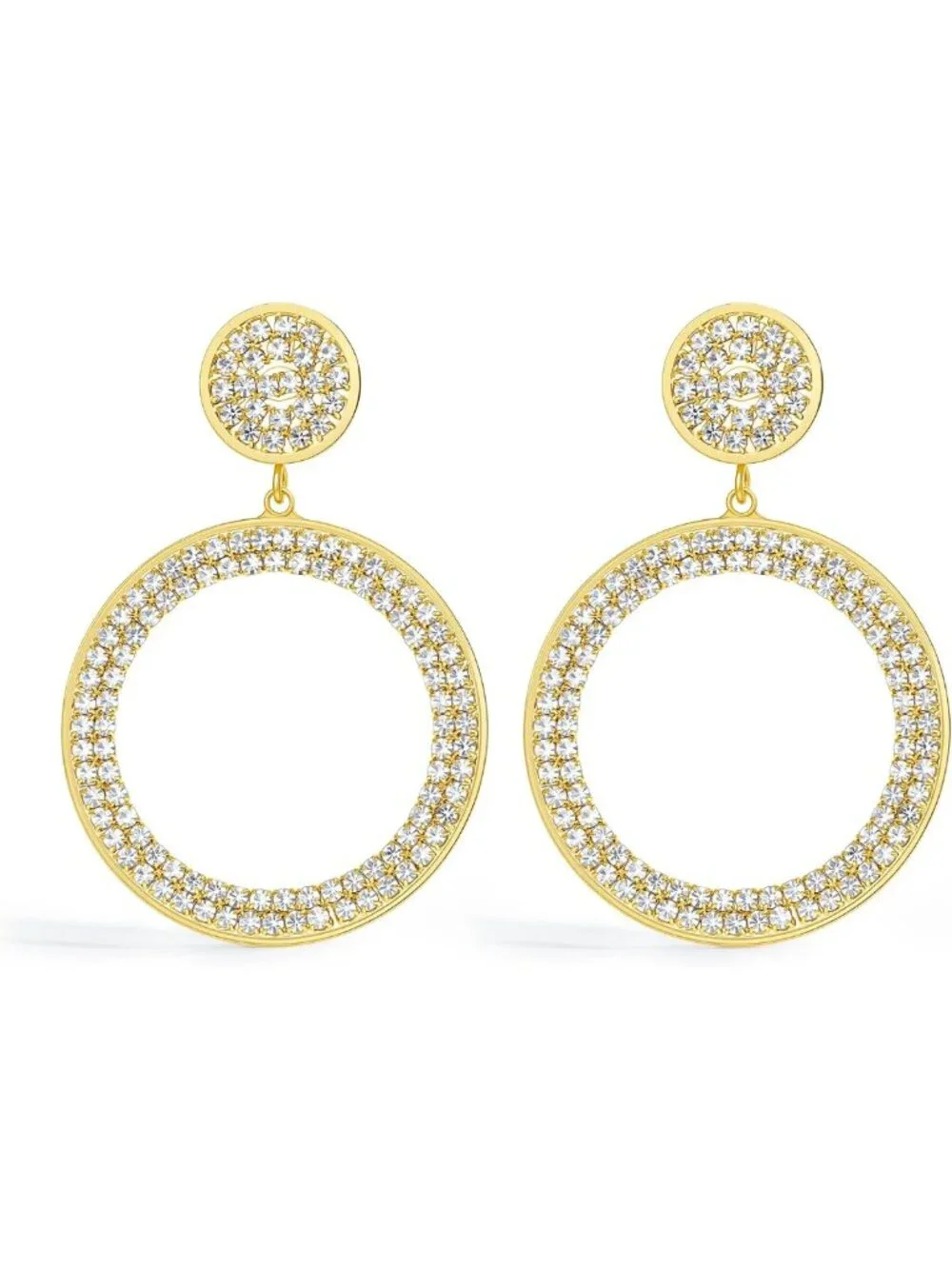 Elegant Gold Plated Circle Drop Earrings with Pavé Crystal Rhinestones, 60mm